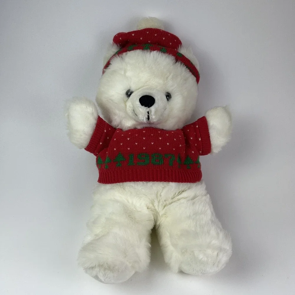 Winter White Teddy Bear Holiday Christmas Sweater Plush Animal  1987 Vintage 24
